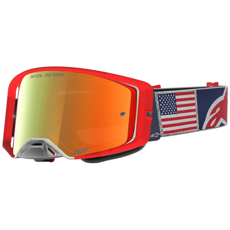 Мотокрос очила Alpinestars Supertech Fiftyfold, синьо-червено-бели с огледален червен плексиглас