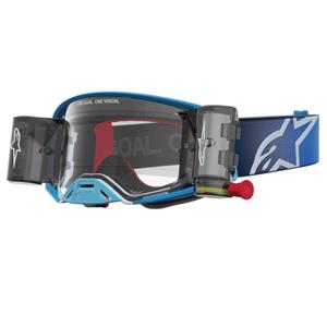 Мотокрос очила Alpinestars Supertech ROLL-OFF, синьо-сребристи с прозрачен плексиглас