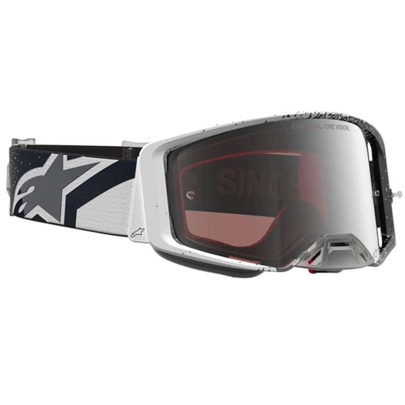 Мотокрос очила Alpinestars Supertech бяло-черно с огледално-сребрист плексиглас