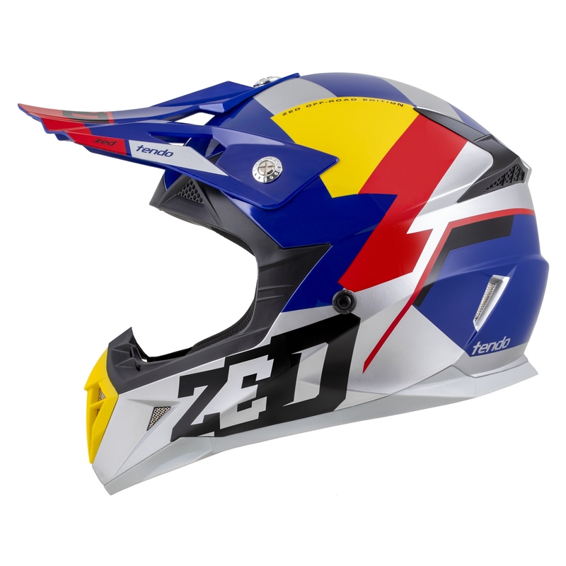 Каска за мотокрос ZED X1.9 Tendo pearl синьо-червено-жълто-сребристо - II. качество