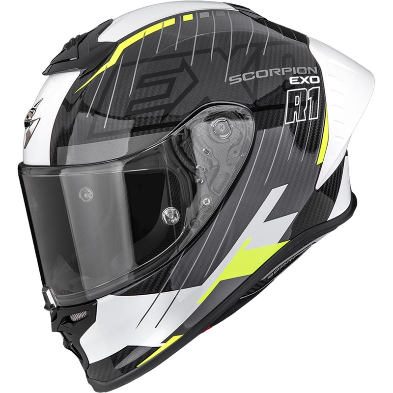 Scorpion EXO-R1 EVO II Air Surge каска за мотоциклет с пълно лице, черно-бяло-флуоресцентно жълто