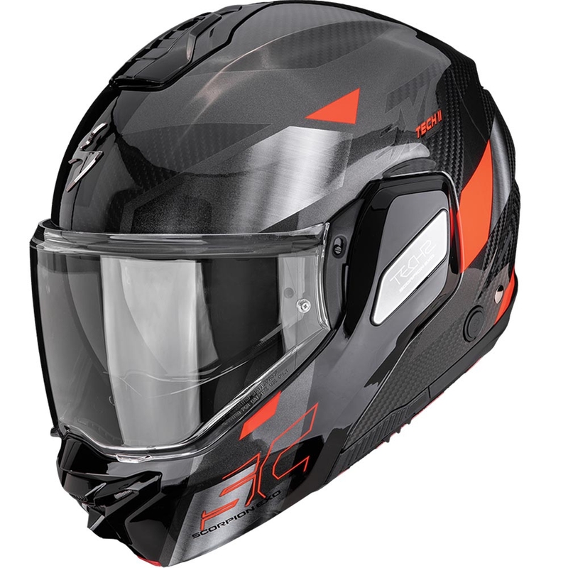 Мото каска Scorpion EXO-TECH II Carbon Drift, сгъваема, черно-сребристо-червена