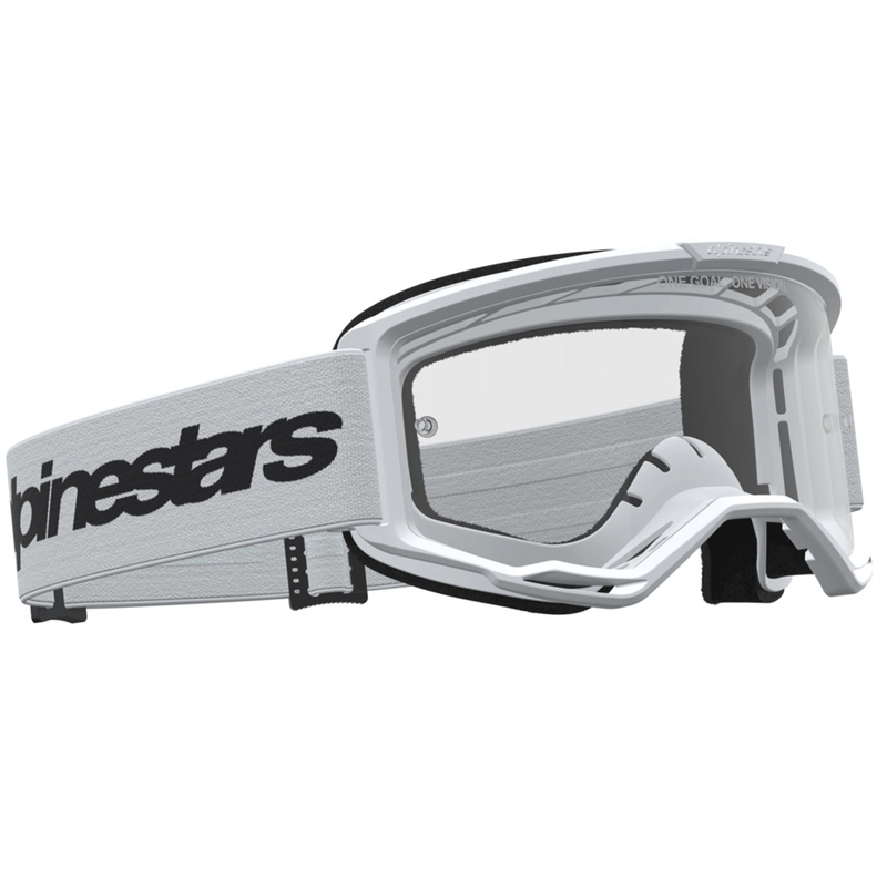 Мотокрос очила Alpinestars Vision 3 Wordmark, бяло-черни с прозрачен плексиглас