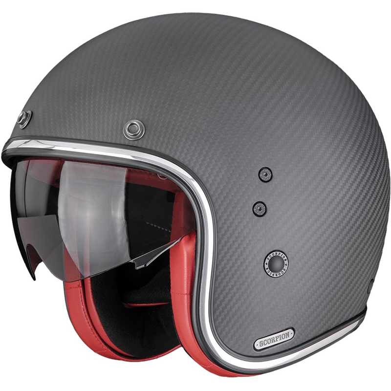 Мотоциклетна каска Scorpion Belfast II Carbon Solid с отворено лице, матово черно-червено