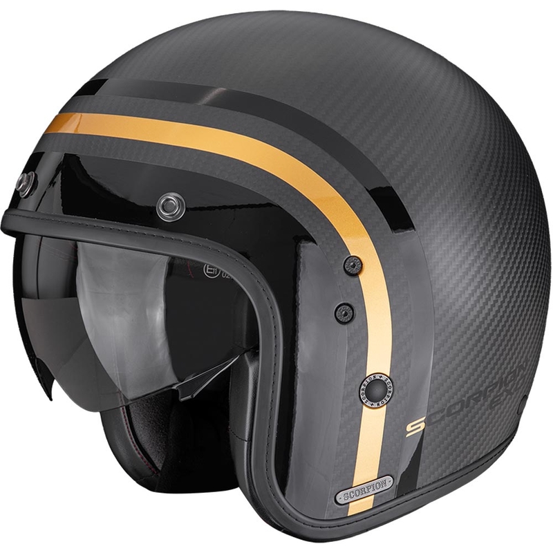 Мотоциклетна каска Scorpion Belfast II Carbon Regal с отворена повърхност, матово черно-златна