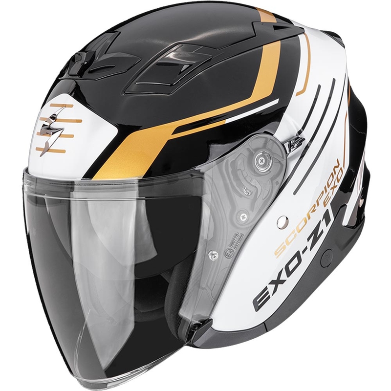 Отворена мотоциклетна каска Scorpion EXO-Z1 Prymus черно-бяло-златна