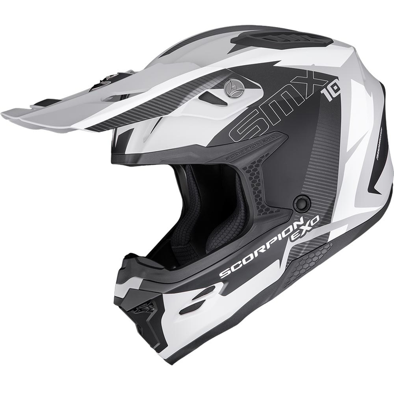 Каска за мотокрос Scorpion SMX-10 Speed, матово сиво-черно-бяла