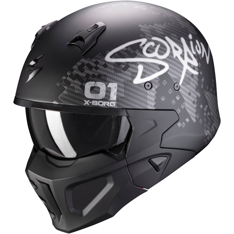Отворена каска с маска Scorpion COVERT-X Xborg черно-сребриста