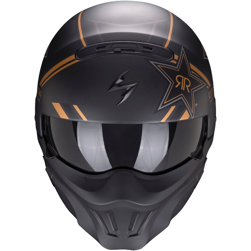 Отворена каска с маска Scorpion EXO-COMBAT EVO Rockstar черно-златиста