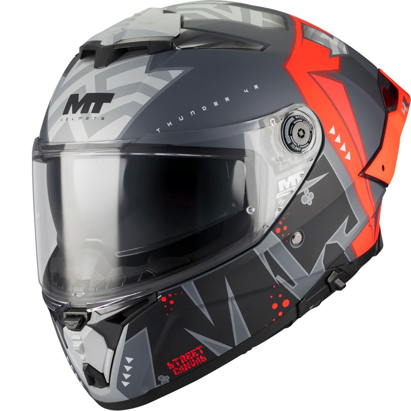 Мотоциклетна каска MT Thunder 4 R SV Canvas C5, черно-сиво-червено