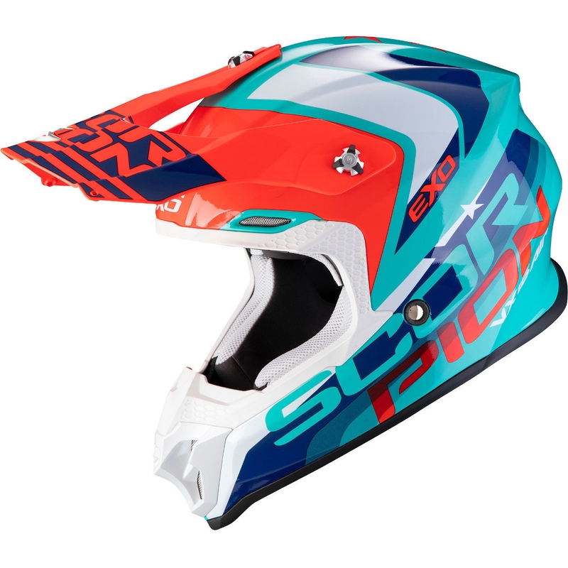 Motokrosová přilba Scorpion VX-16 Air Nation zeleno-modro-červená výprodej