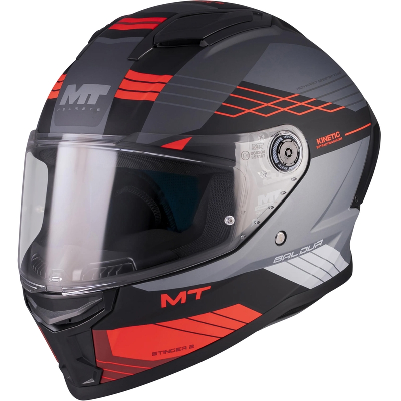 Мото каска MT Stinger 2 Baldur C15 с пълно лице, матово черно-сиво-червено