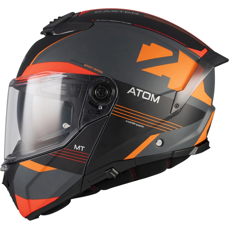 Мото каска MT Atom 2 SV Kaster C14 с отваряща се дръжка, матово черно-сиво-оранжева