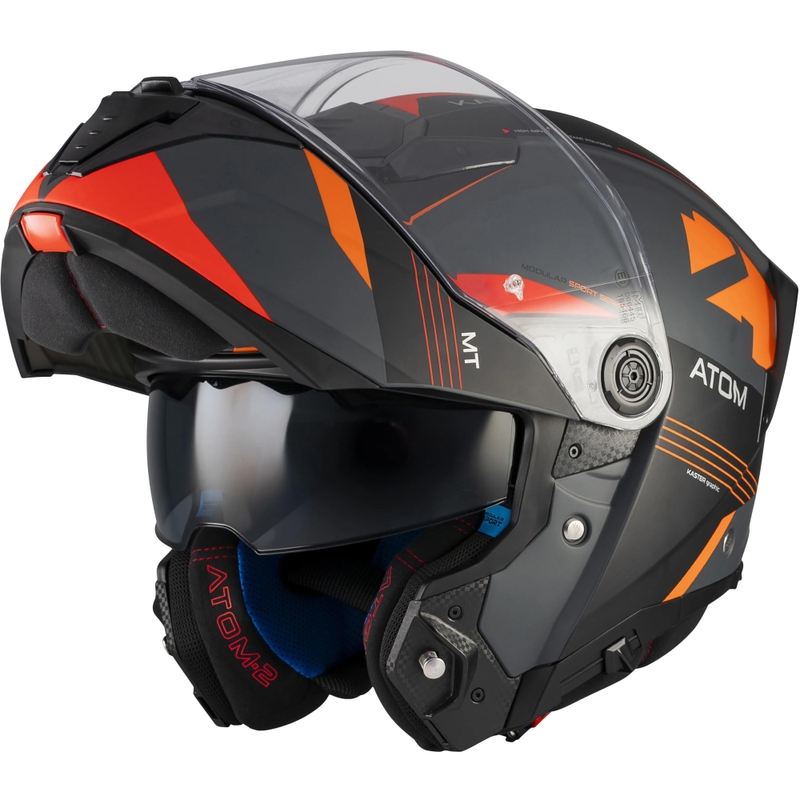 Мото каска MT Atom 2 SV Kaster C14 с отваряща се дръжка, матово черно-сиво-оранжева