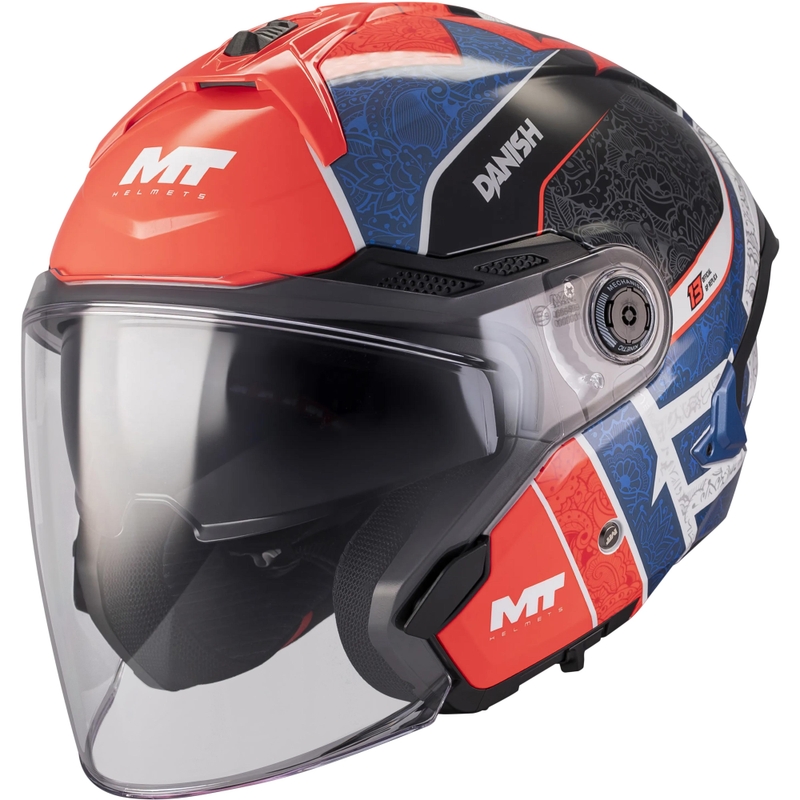 Отворена мотоциклетна каска MT Cosmo SV Danish 26 Season C5 синьо-червено-бяло-черно