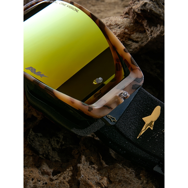 Мотокрос очила Alpinestars Supertech Zona, лимитирана серия, черно-кафяви с огледално-златен плексиглас