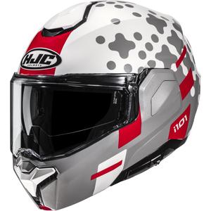 Мото каска HJC i101 Astel MC1 с отваряща се врата, бяло-сиво-червено