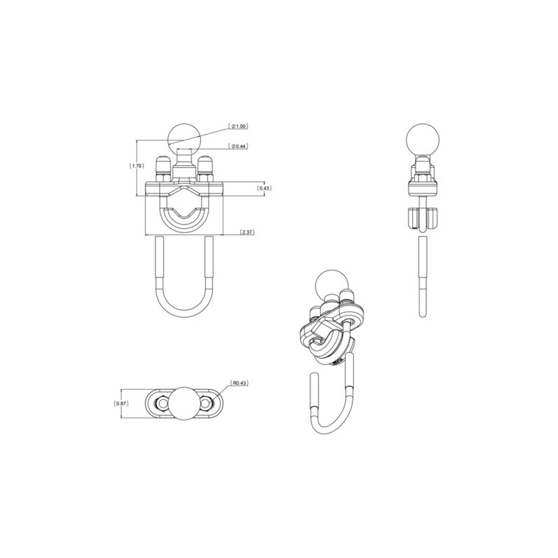 Монтиране на RAM с 1" щифт за тръби с диаметър 12,7-31,75 mm